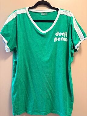 Don't Panic Green V-Neck Tee with White Trim